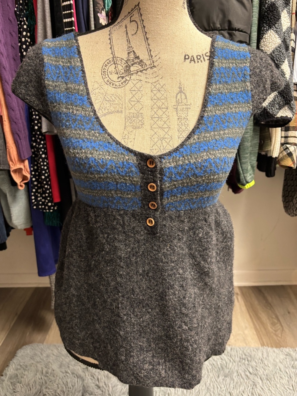 Rare Y2K Free People Wool Blend Striped Babydoll Henley Tunic Sweater